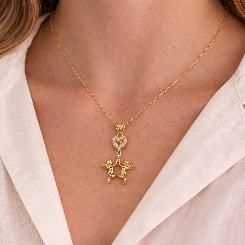 585 Gelbgold Kette mit Herz und zwei Engeln
