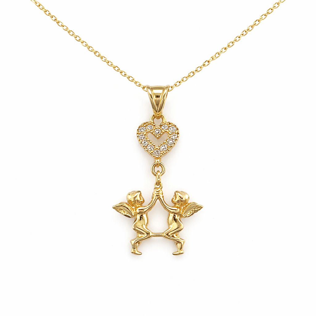 585 Gelbgold Kette mit Herz und zwei Engeln, Zirkonia besetzt, 45 cm