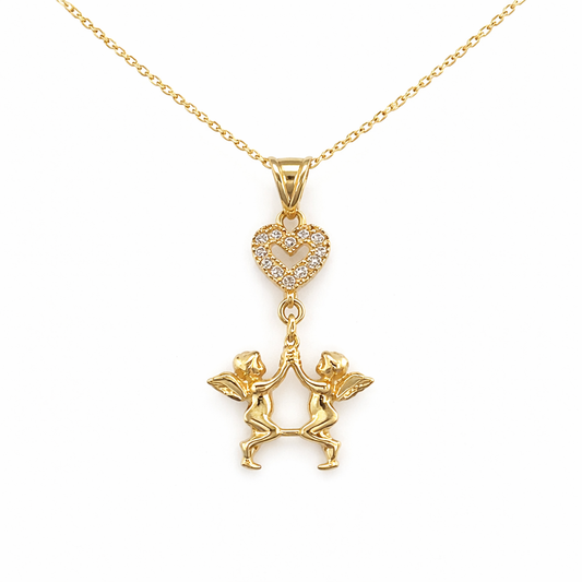 585 Gelbgold Kette mit Herz und zwei Engeln, Zirkonia besetzt, 45 cm