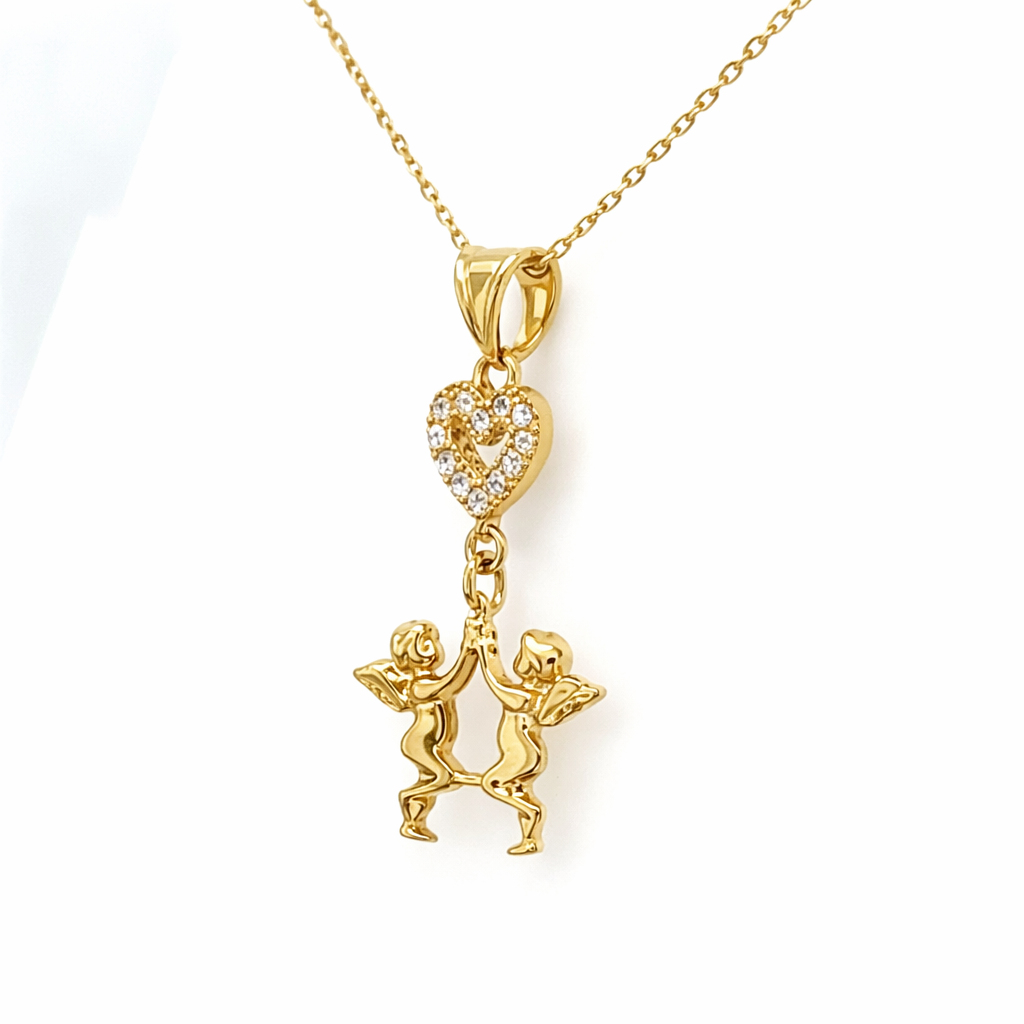 585 Gelbgold Kette mit Herz und zwei Engeln