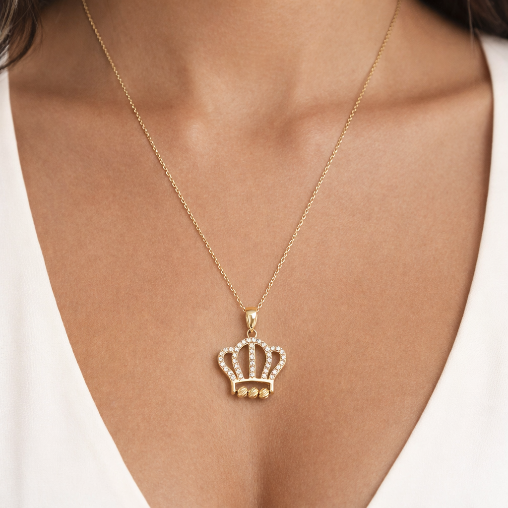 585 Gelbgold Kette mit Kronen-Anhänger & Zirkonia – 45 cm