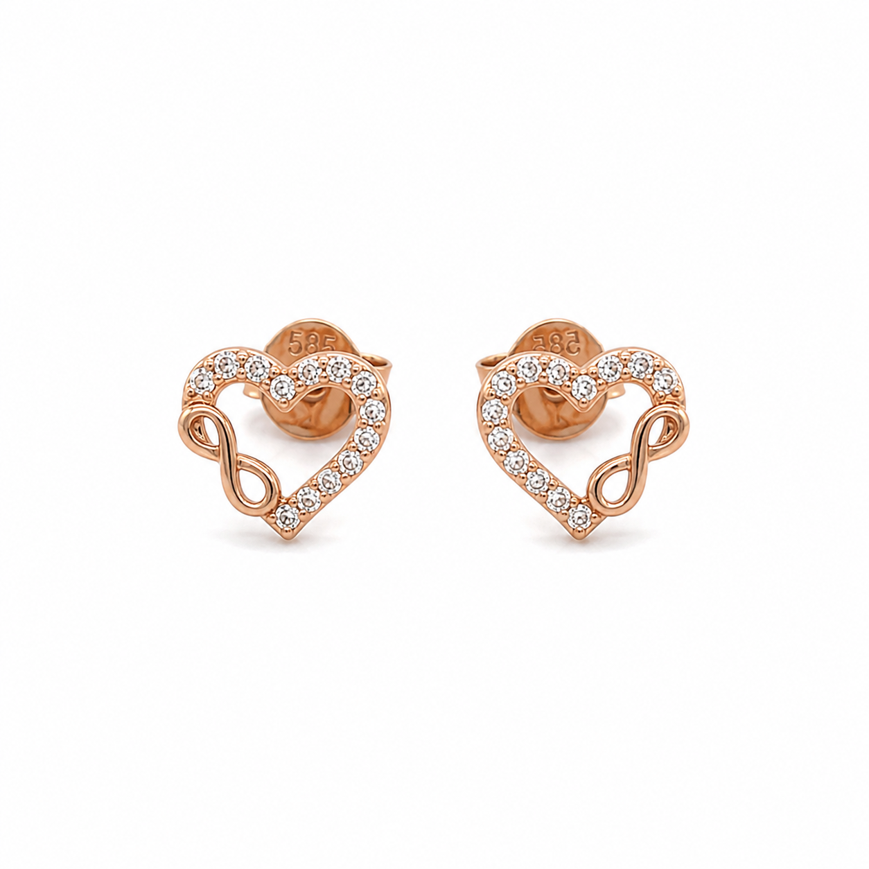 585 Rotgold Herz Ohrstecker mit Zirkonia und Infinity Symbol