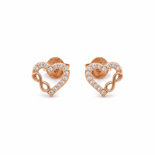 585 Rotgold Herz Ohrstecker mit Zirkonia und Infinity Symbol