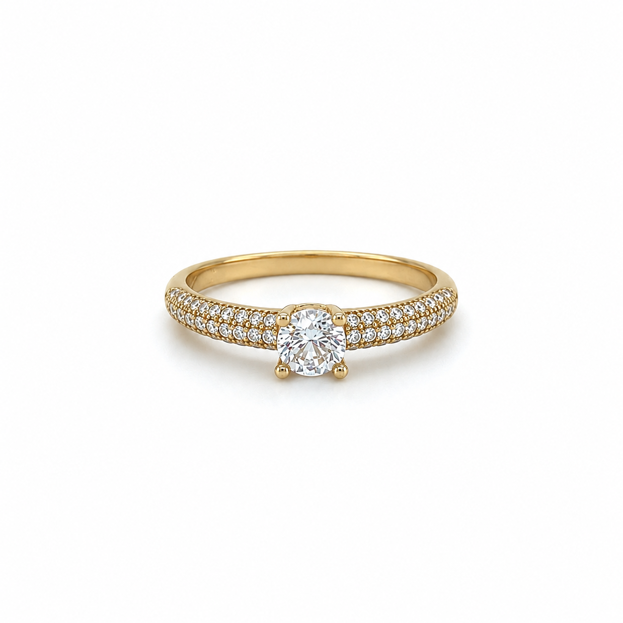 Zirkonia Ring aus 585 Gelbgold mit rundem Mittelstein in Frontansicht