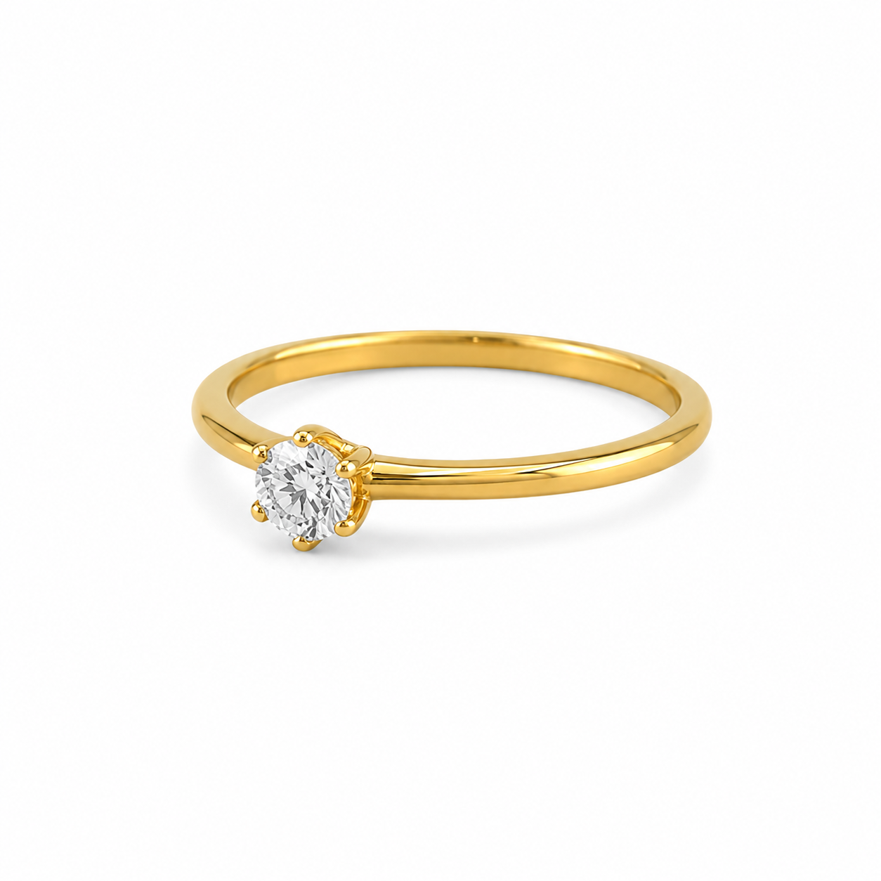 Feiner Ring 585 Gelbgold mit rundem Zirkonia in Schrägansicht

