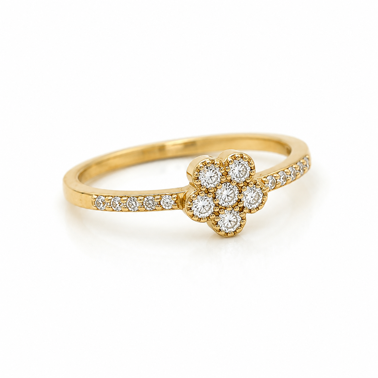 Blumenring aus 585 Gelbgold mit Zirkonia in Schrägansicht