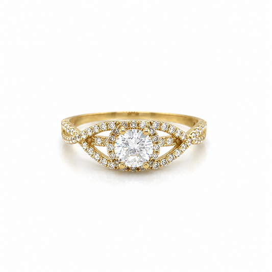 Gedrehter Zirkonia Ring aus 585 Gelbgold in Frontansicht