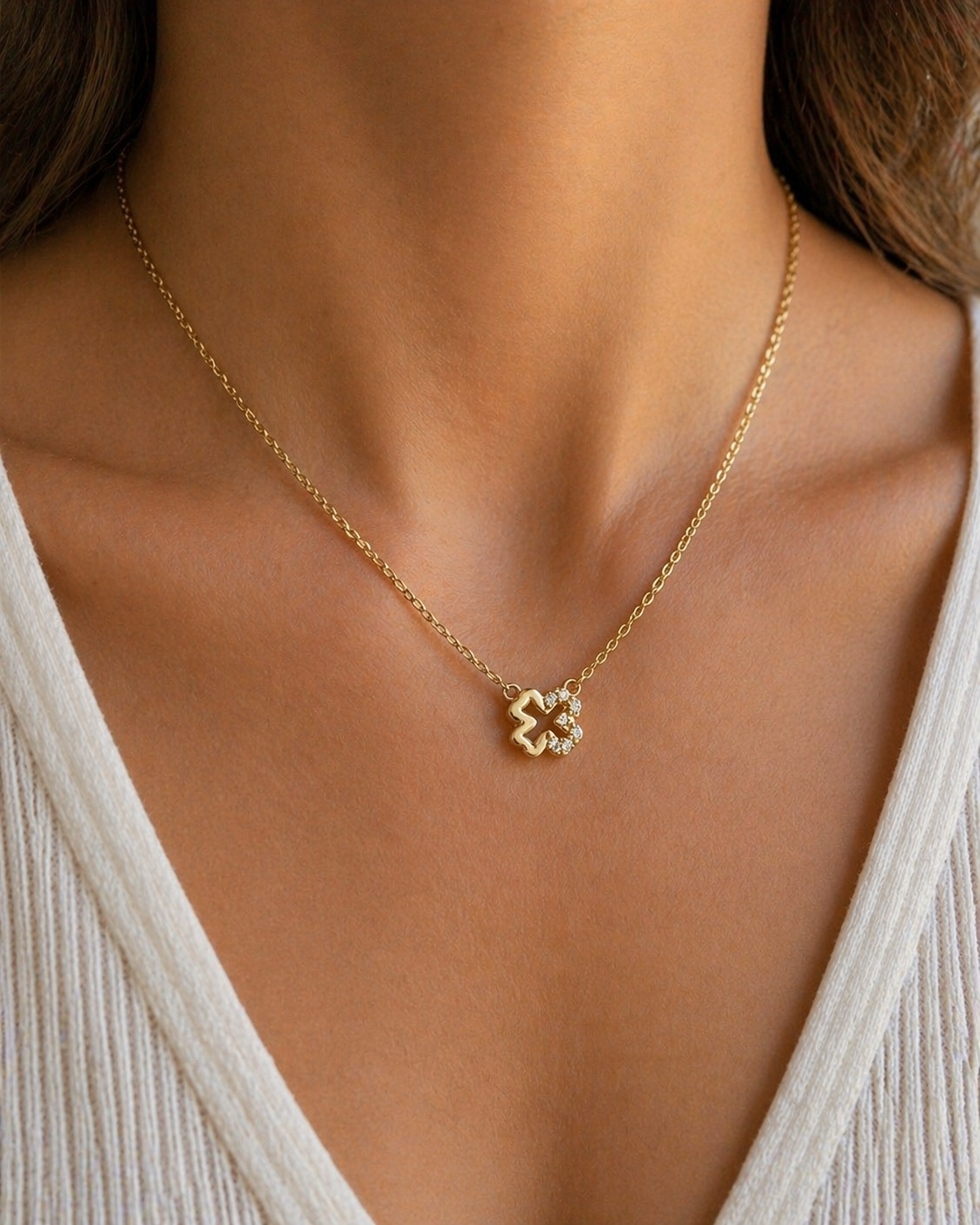 585 Gelbgold Kleeblatt Kette mit Zirkonia – 45 cm