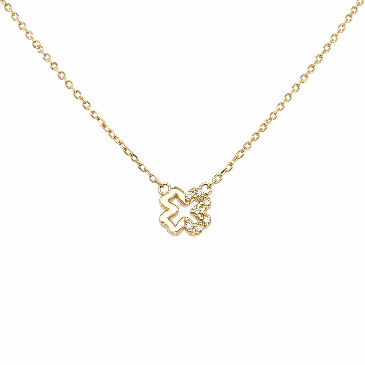 585 Gelbgold Kette mit Kleeblatt Anhänger und Zirkonia, 45 cm mit Zwischenöse 42 cm