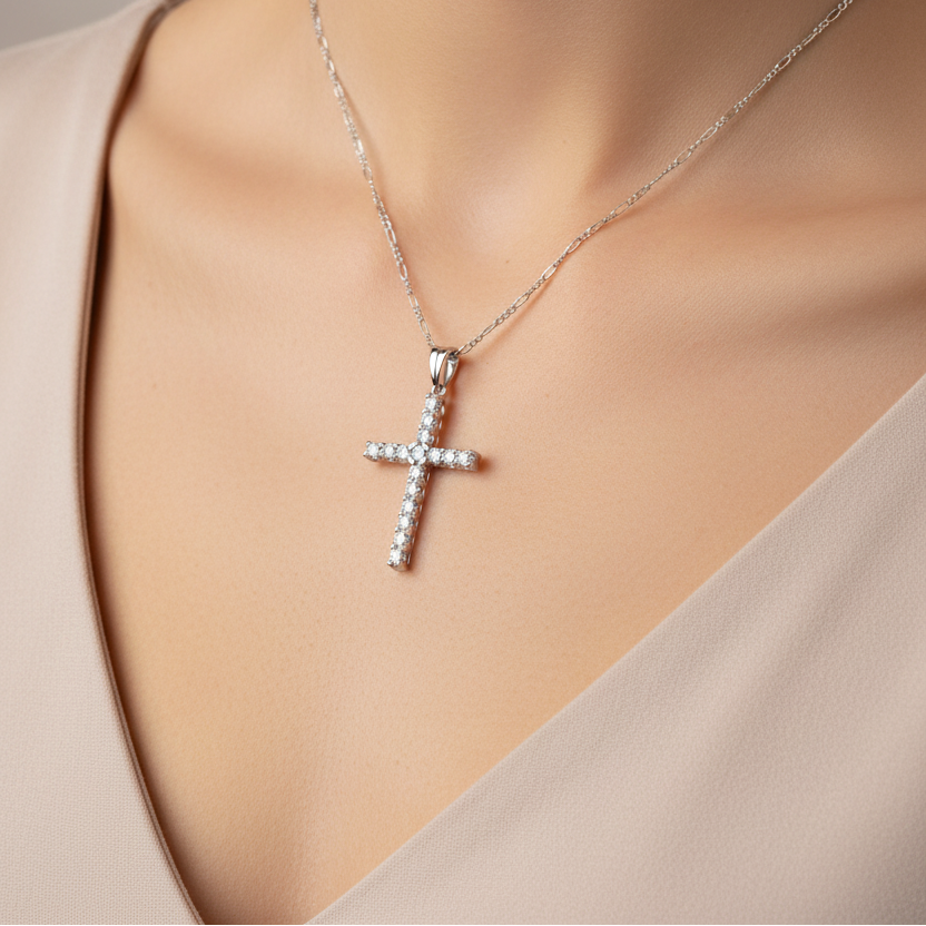 Silberkette mit Kreuz-Anhänger & Zirkonia rhodiniert – Figarokette 45 cm