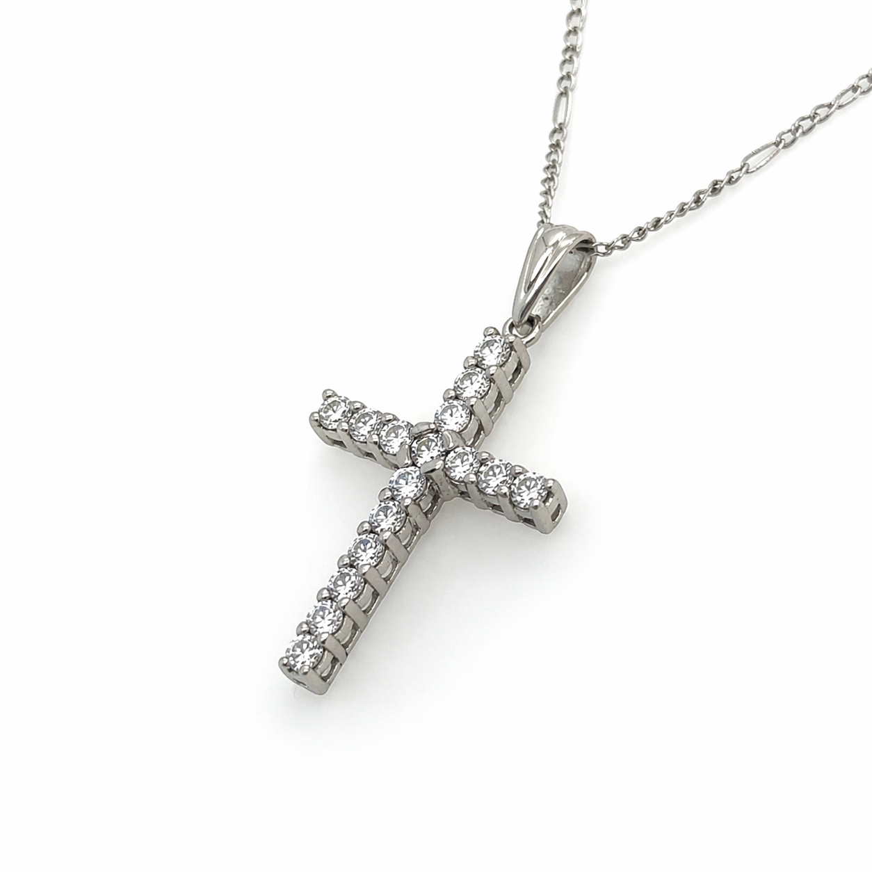 Silberkette mit Kreuz-Anhänger & Zirkonia rhodiniert – Figarokette 45 cm