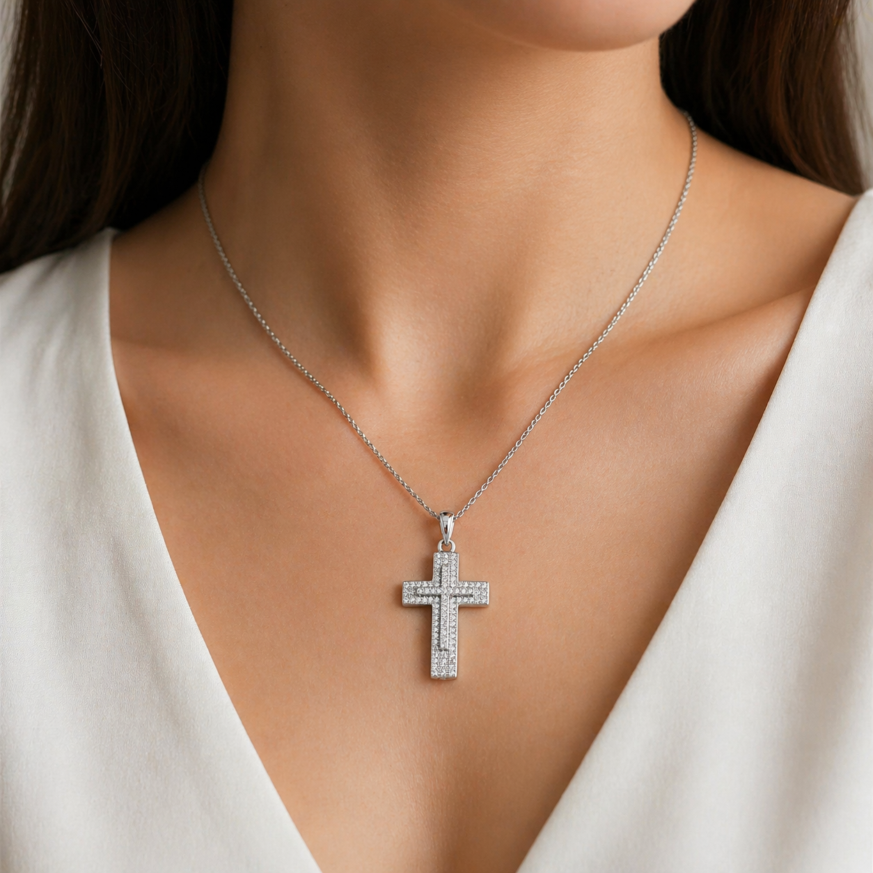 Silberkette mit Kreuz-Anhänger & Zirkonia – 42 cm