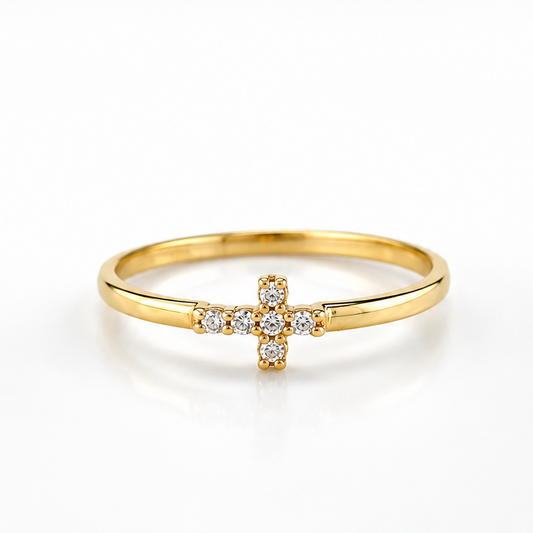 Kreuzring aus 585 Gelbgold mit Zirkonia