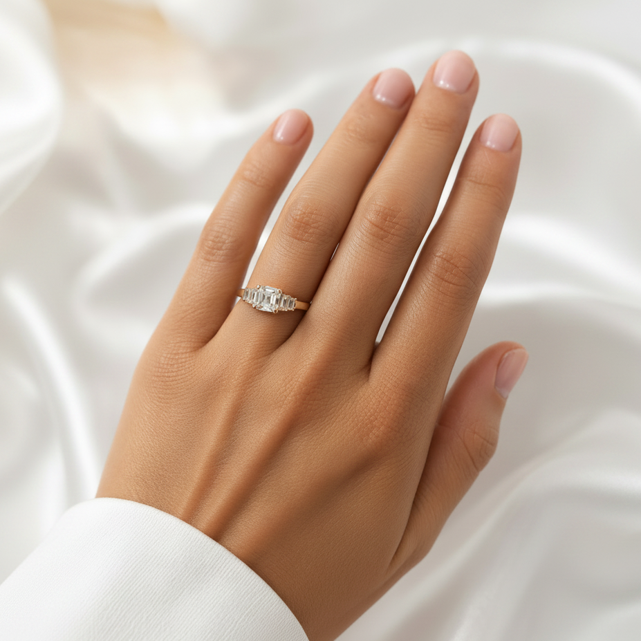 Verlobungsring aus 585 Gelbgold mit rechteckigem Zirkonia getragen an der Hand