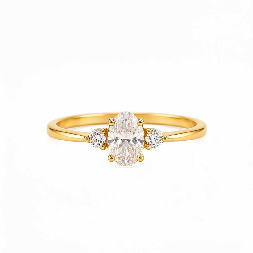 Ring aus 585 Gelbgold mit ovalem Zirkonia und seitlichen Steinen