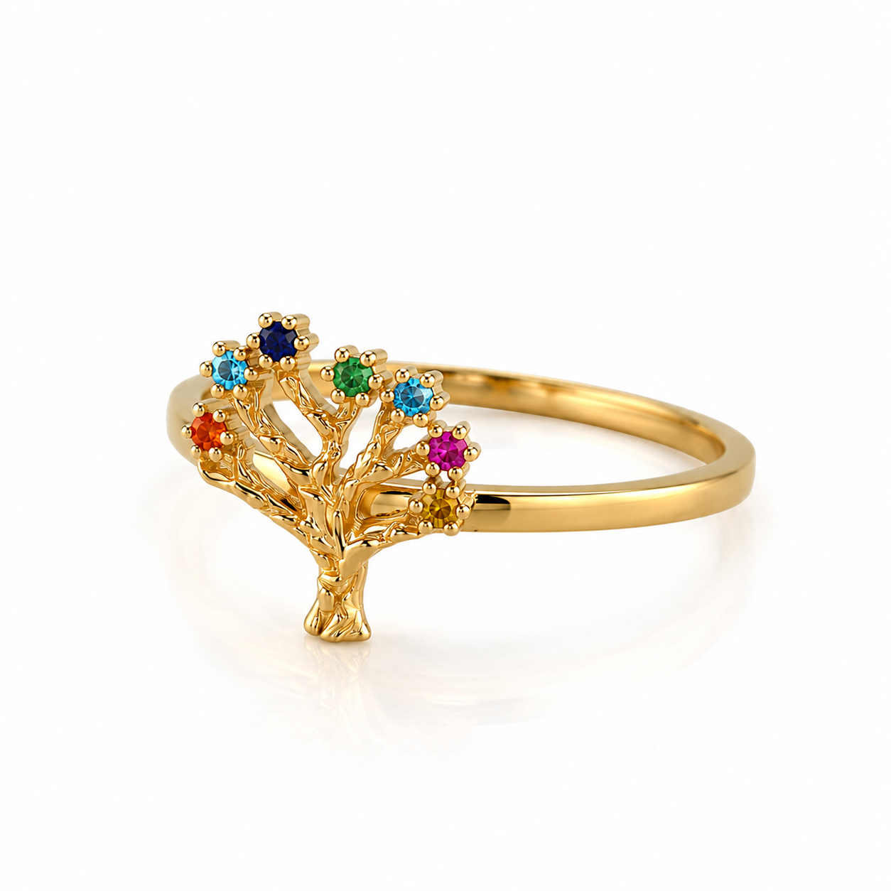 Ring 585 Gelbgold mit Baum des Lebens Motiv und farbigen Zirkonia