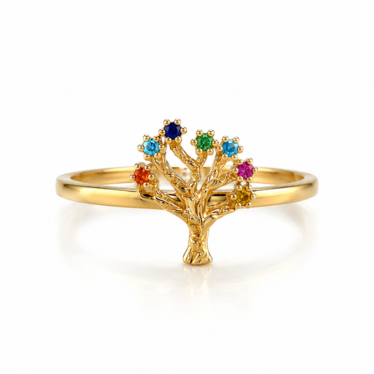 Lebensbaum Ring aus 585 Gelbgold mit bunten Zirkonia in Frontansicht