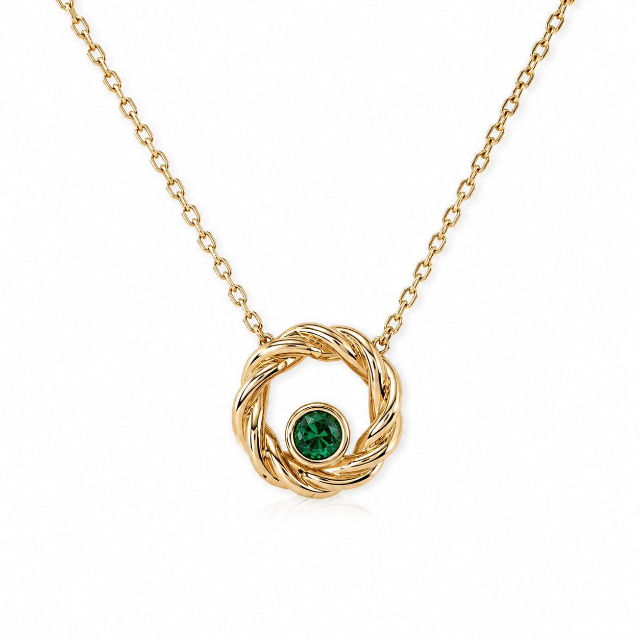 Damenkette aus 585 Gelbgold mit grünem Zirkonia im runden Knoten-Anhänger