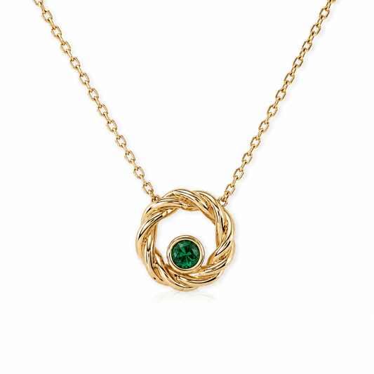 Damenkette aus 585 Gelbgold mit grünem Zirkonia im runden Knoten-Anhänger