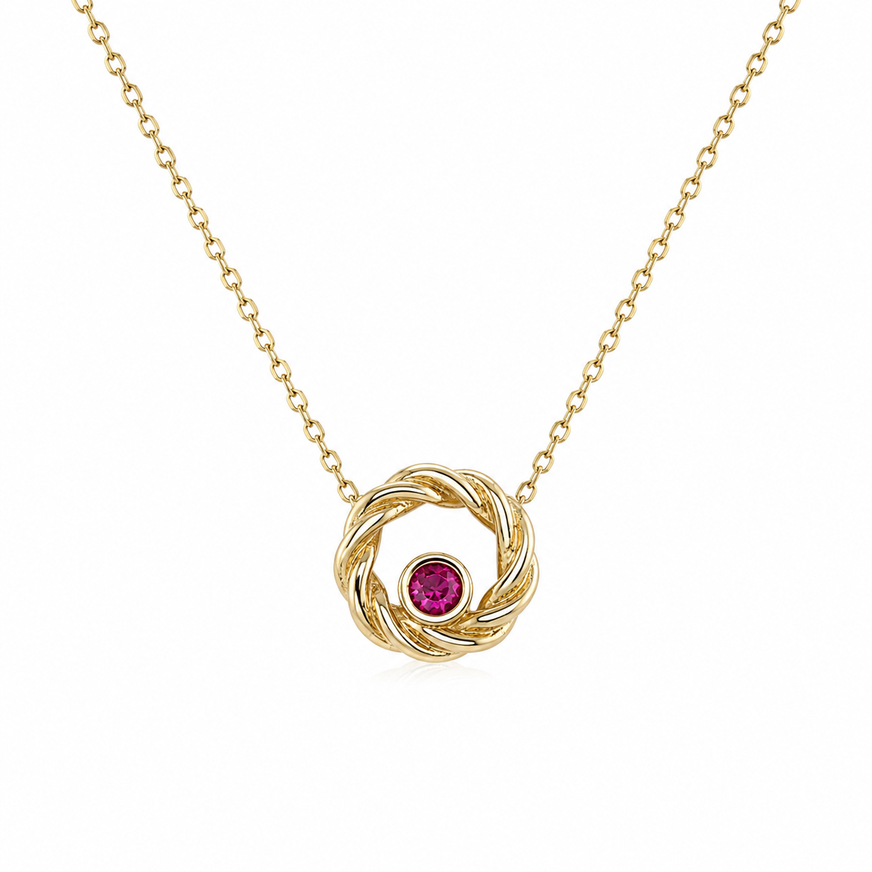 Damenkette aus 585 Gelbgold mit pinkem Zirkonia im runden Knoten-Anhänger