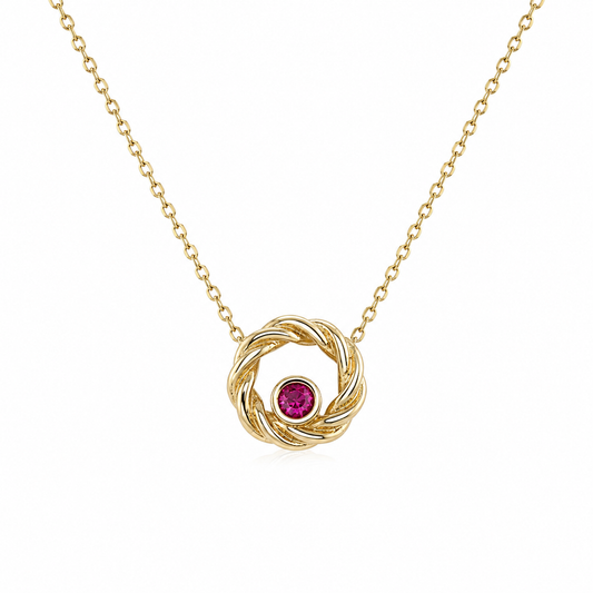 Damenkette aus 585 Gelbgold mit pinkem Zirkonia im runden Knoten-Anhänger
