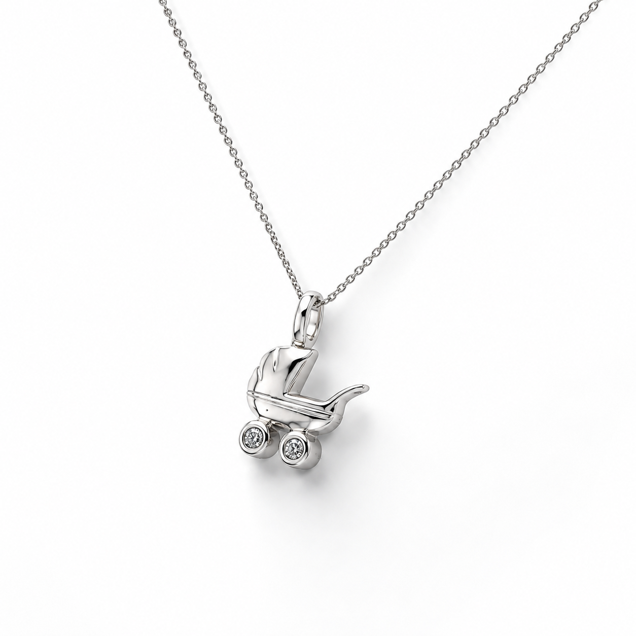585 Weißgold Kette mit Kinderwagen-Anhänger und Brillanten in den Rädern Seitenansicht