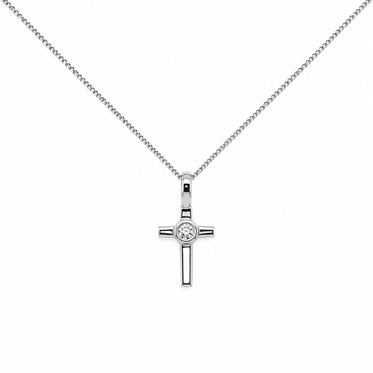 Kreuz Kette aus 585 Weißgold mit Brillant 0,03 ct H-SI in Frontansicht