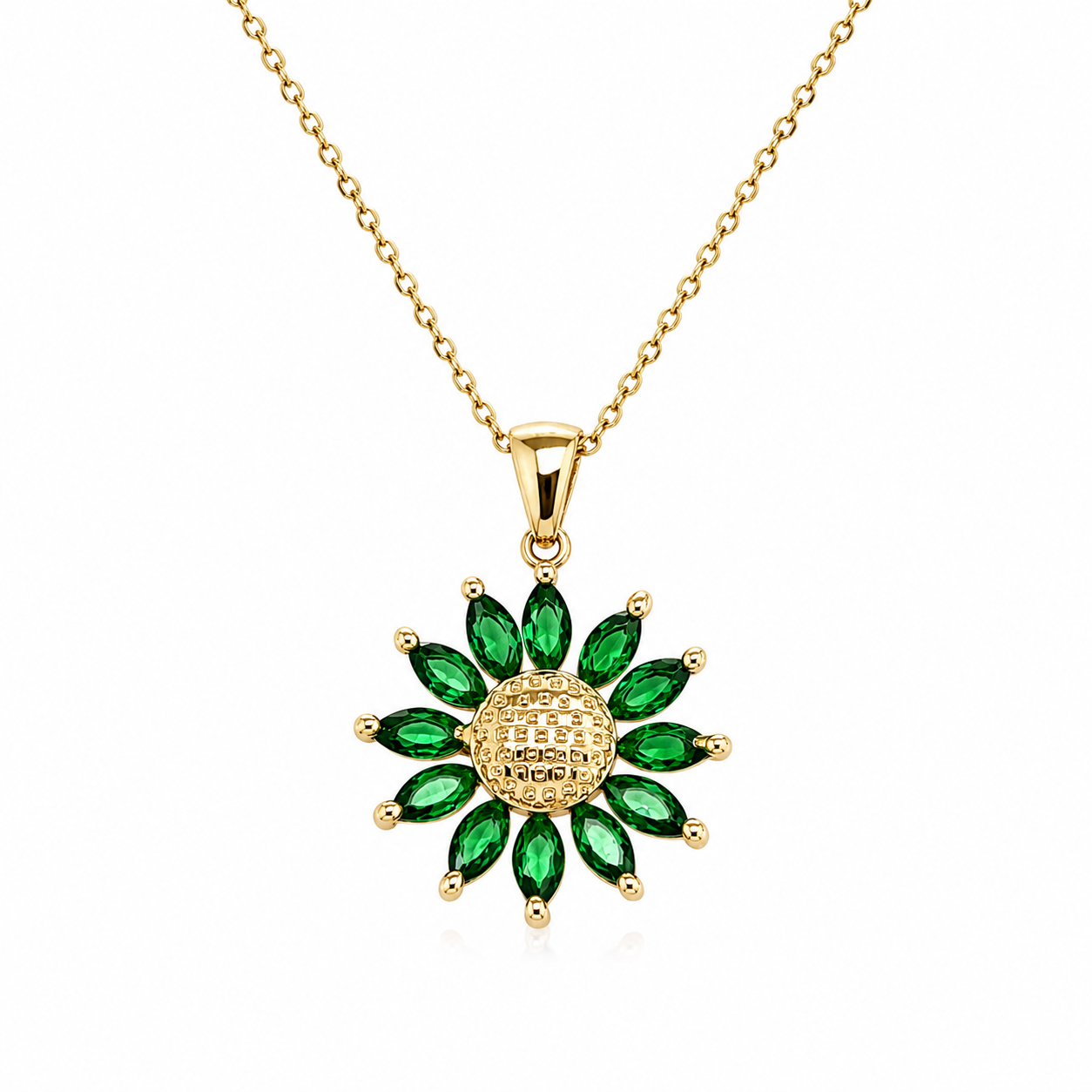 Damenkette aus 585 Gelbgold mit grünem Zirkonia Blumenanhänger