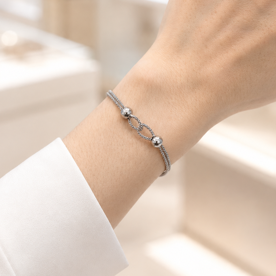 Silberarmband rhodiniert mit Kugelstruktur und polierten Kugeln