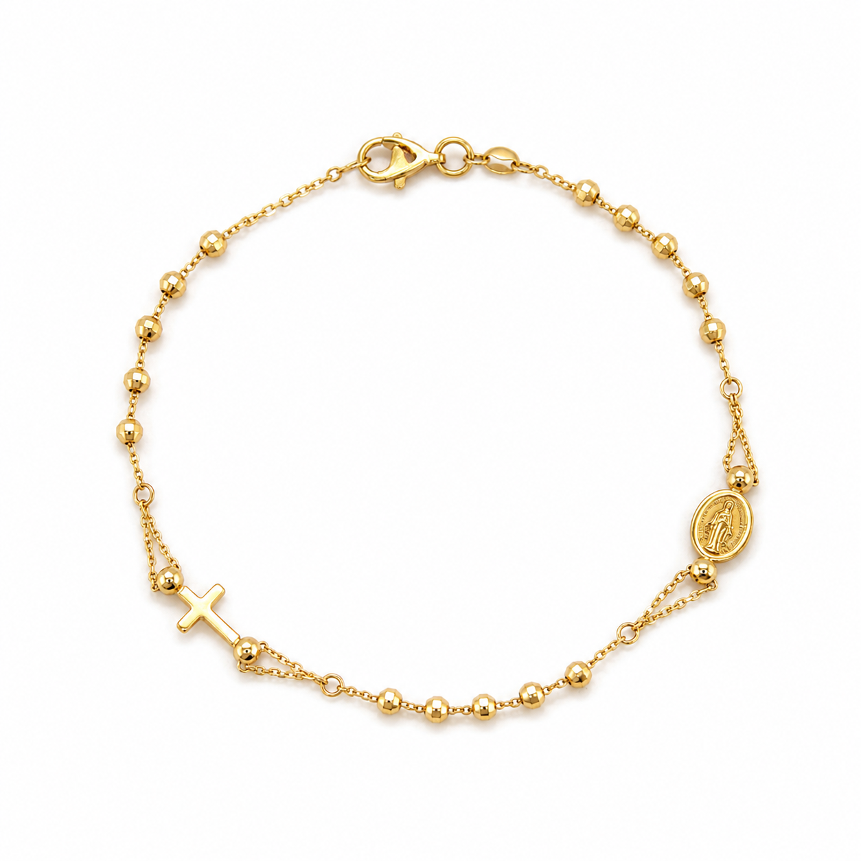 Rosenkranz Armband 585 Gelbgold mit Marienmedaillon und Kreuz