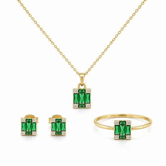 Schmuckset aus 585 Gelbgold mit grünen Zirkonia, bestehend aus Halskette, Ring und Ohrsteckern im rechteckigen Baguette-Design