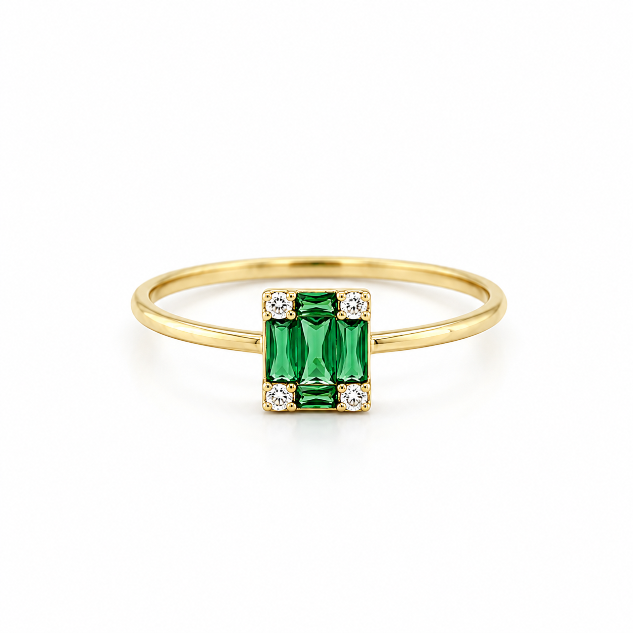 Schmuckset 585 Gelbgold mit grünen Zirkonia – Halskette, Ring & Ohrstecker im rechteckigen Baguette-Design