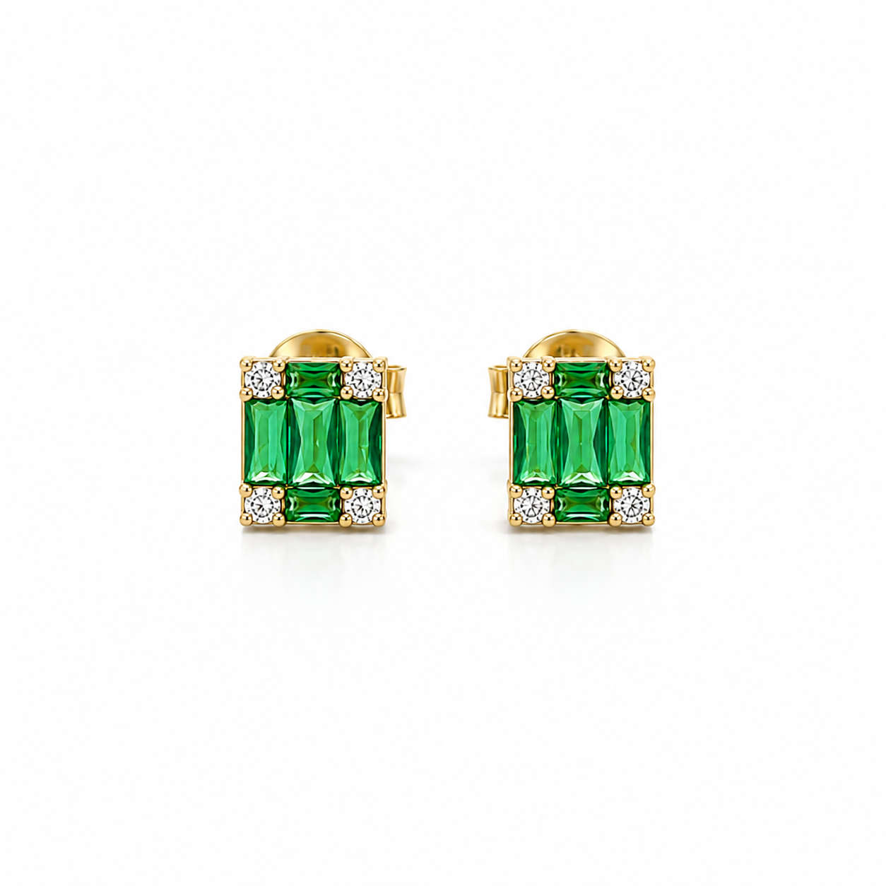 Schmuckset 585 Gelbgold mit grünen Zirkonia – Halskette, Ring & Ohrstecker im rechteckigen Baguette-Design