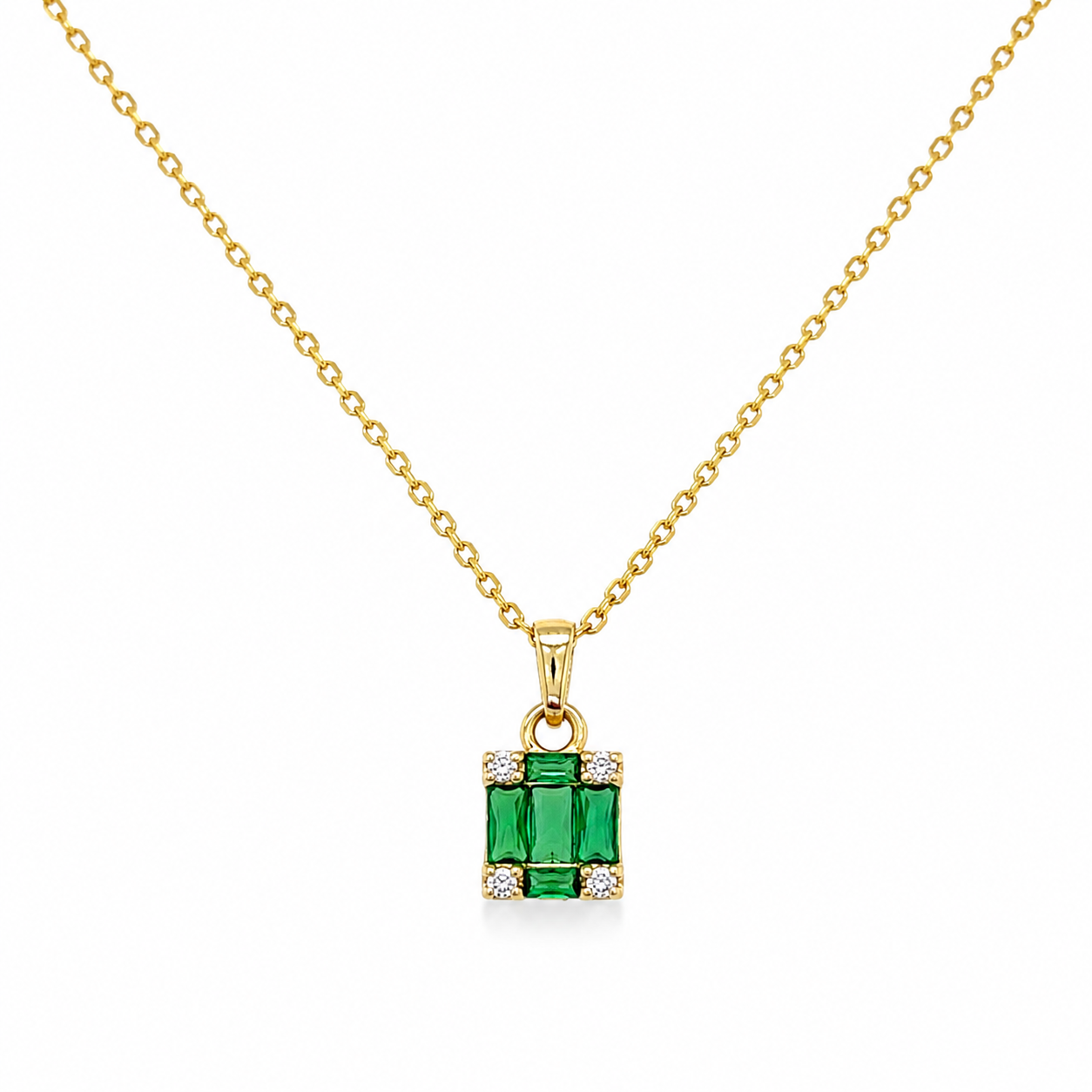 Schmuckset 585 Gelbgold mit grünen Zirkonia – Halskette, Ring & Ohrstecker im rechteckigen Baguette-Design