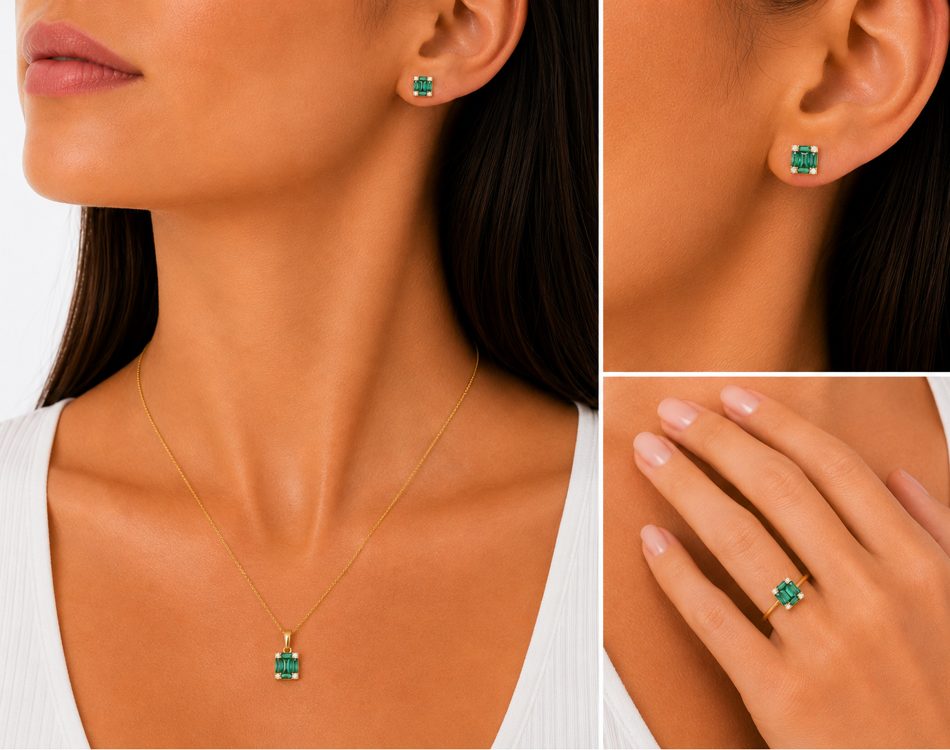 Schmuckset aus 585 Gelbgold mit grünen Zirkonia, bestehend aus Halskette, Ring und Ohrsteckern im rechteckigen Baguette-Design getragen