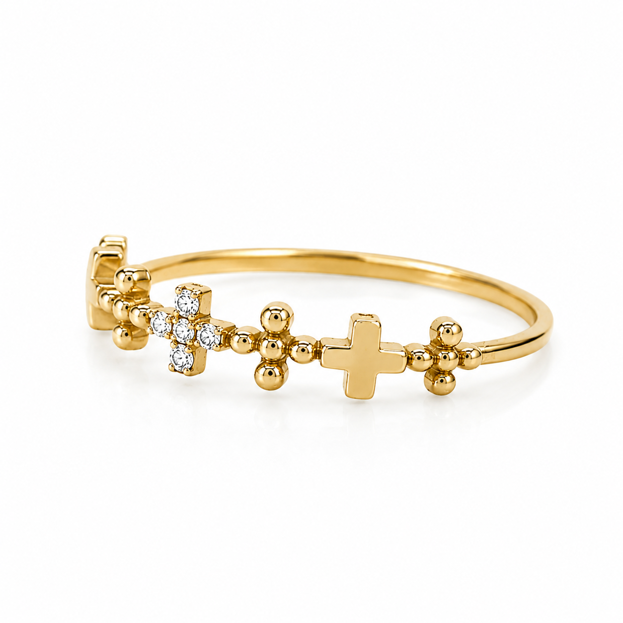 Damenring 585er Gelbgold mit mehreren Kreuz-Elementen und Zirkonia