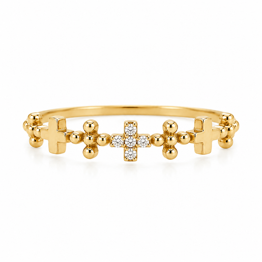 Goldring mit Zirkonia Kreuz in Frontansicht