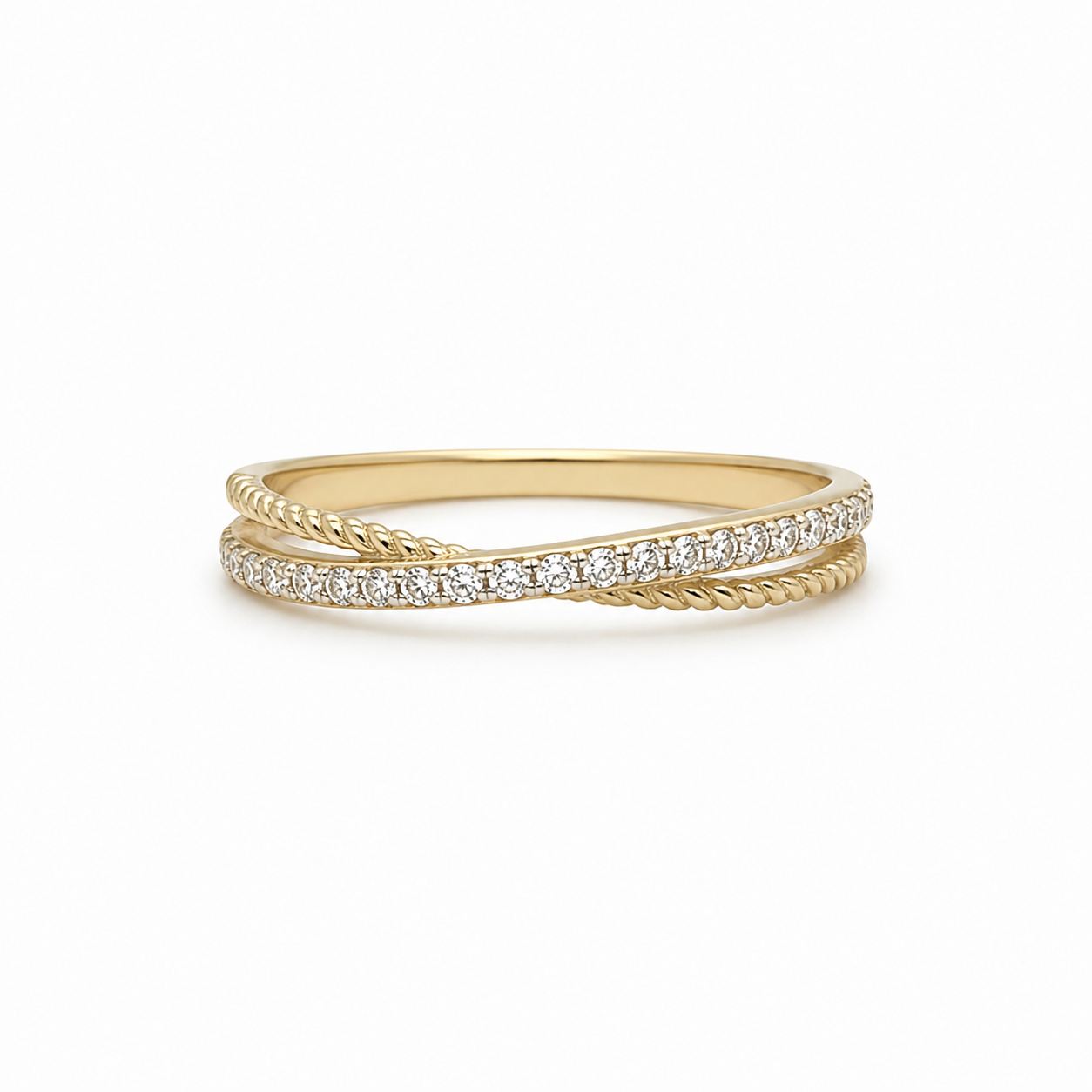 Ring 585 Gelbgold mit Zirkonia – Gedrehter Pavé Ring Größe 52 Frontansicht
