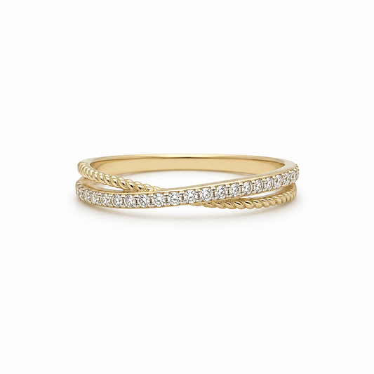Ring 585 Gelbgold mit Zirkonia – Gedrehter Pavé Ring Größe 52 Frontansicht