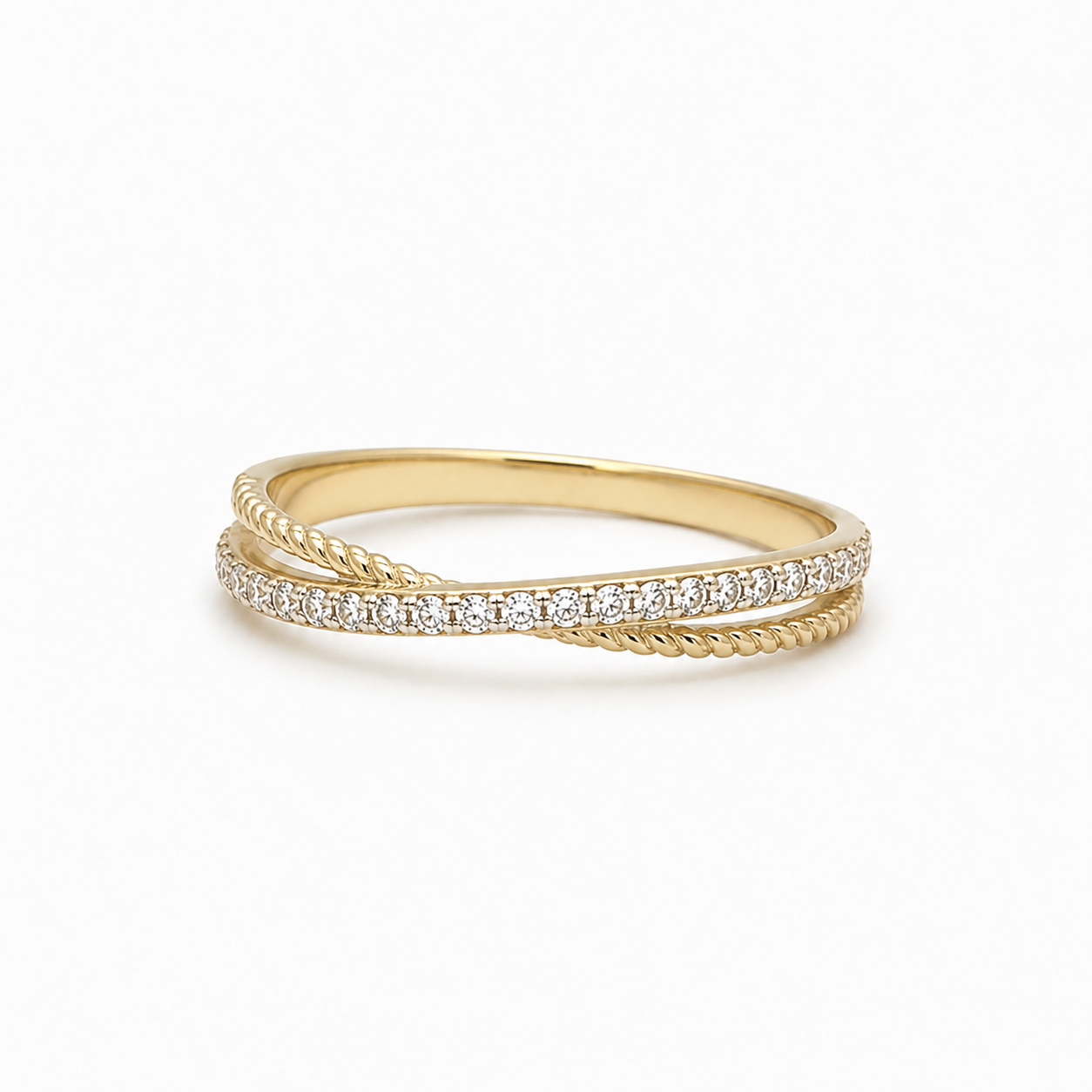 Ring 585 Gelbgold mit Zirkonia – Gedrehter Pavé Ring Seitenansicht 