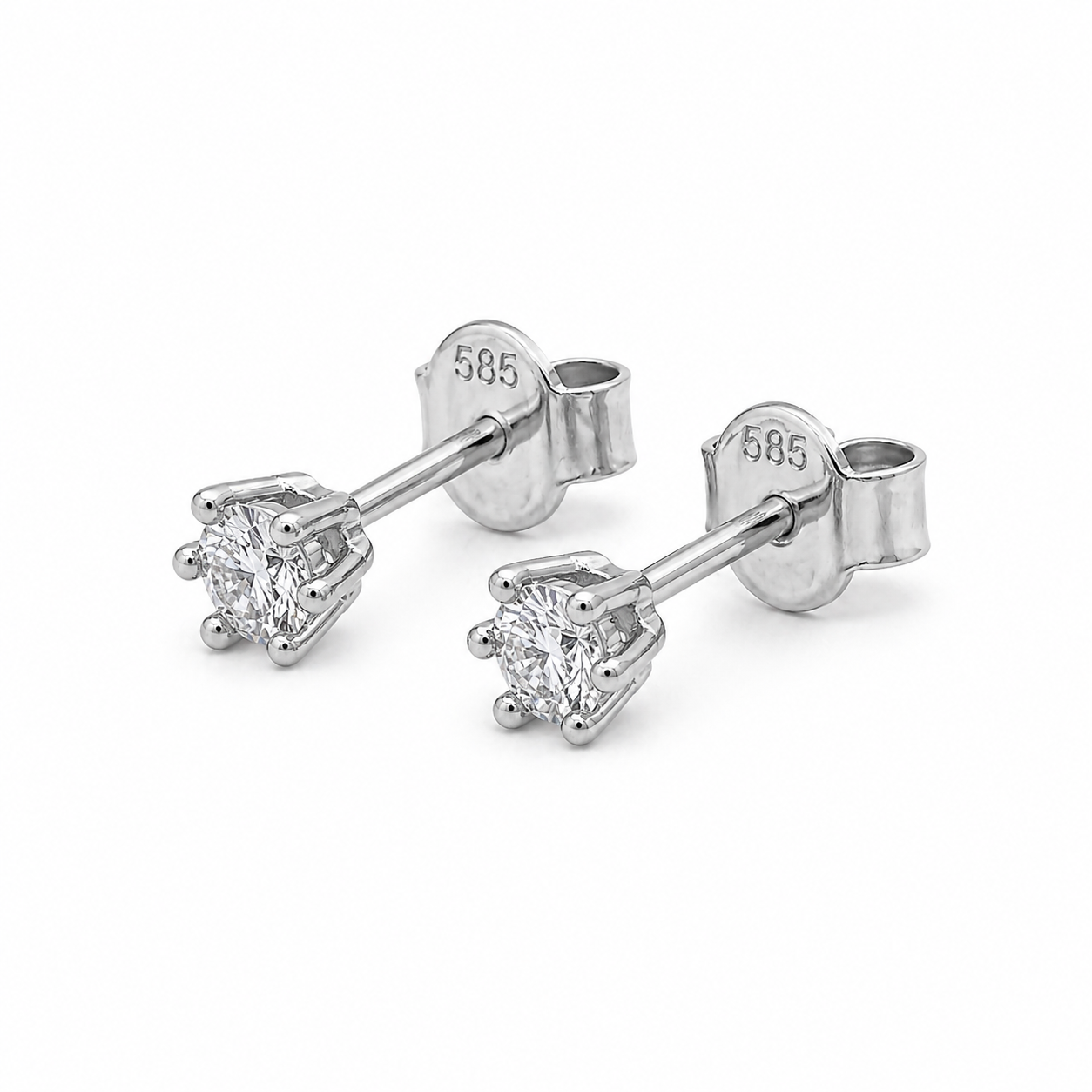 585 Weißgold Ohrstecker mit Zirkonia – 6er Krappenfassung (3 mm)