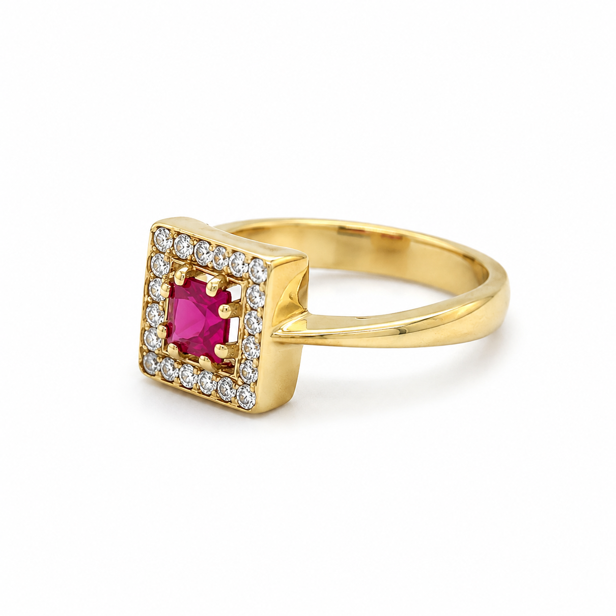Damenring aus 585er Gelbgold mit pinkfarbenem Mittelstein