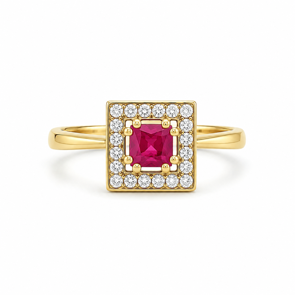 Halo Ring aus 585 Gelbgold mit pinkfarbenem Zirkonia