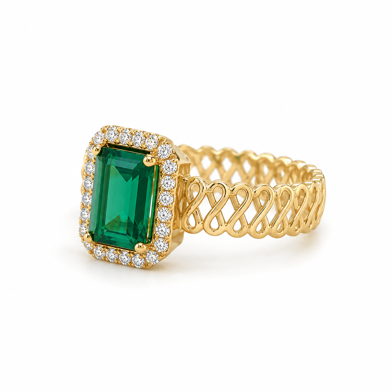 Halo Ring aus 585 Gelbgold mit grünem Zirkonia