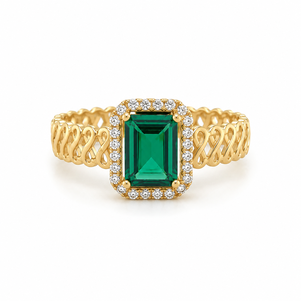 Infinity Ring aus 585 Gelbgold mit grünem Zirkonia