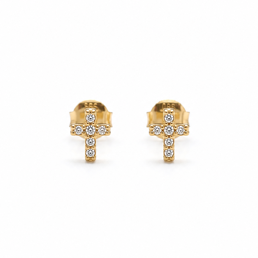Kreuz Ohrstecker aus 585 Gelbgold mit weißen Zirkonia