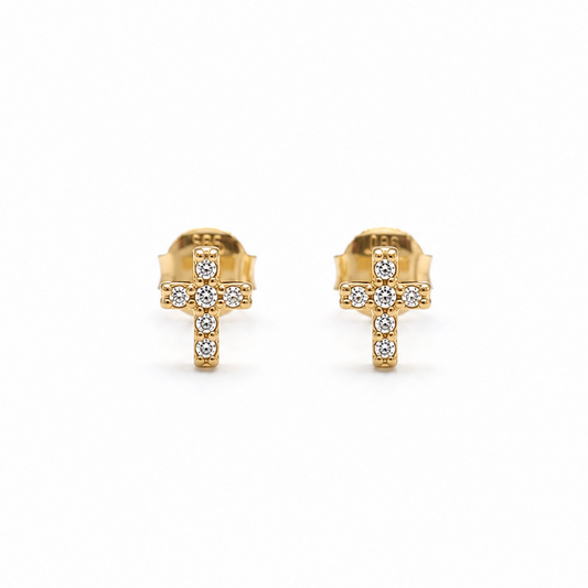 Kreuz Ohrstecker aus 585 Gelbgold mit weißen Zirkonia