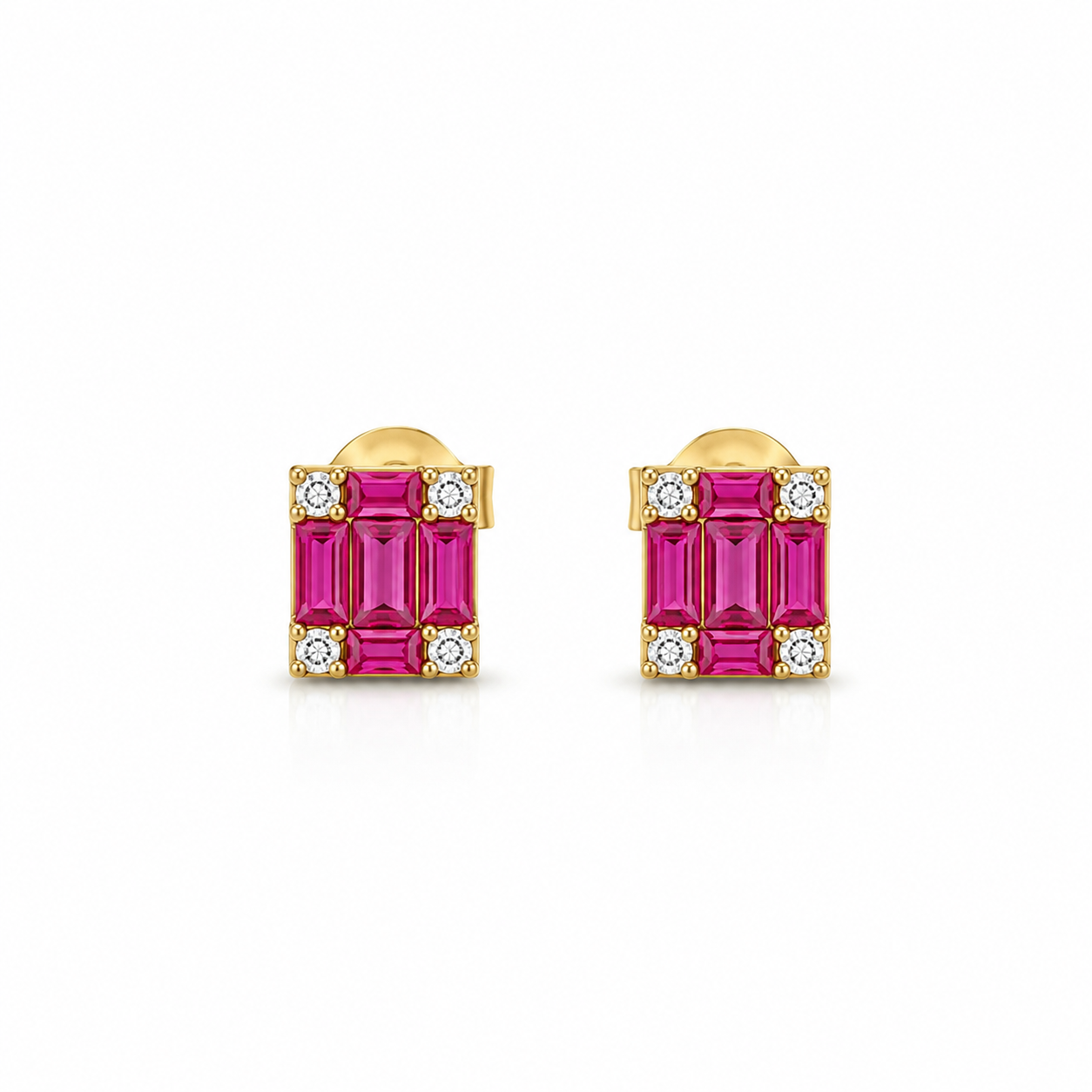 Ohrstecker aus 585 Gelbgold mit pinken rechteckigen Zirkonia und weißen Ecksteinen