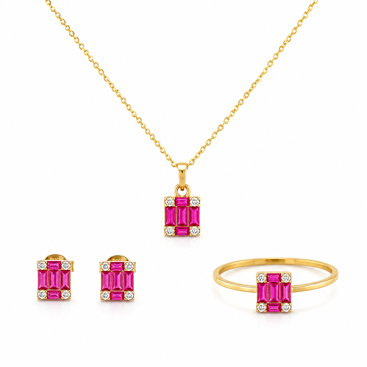 Schmuckset aus 585 Gelbgold mit pinken Zirkonia bestehend aus Kette Ring und Ohrsteckern