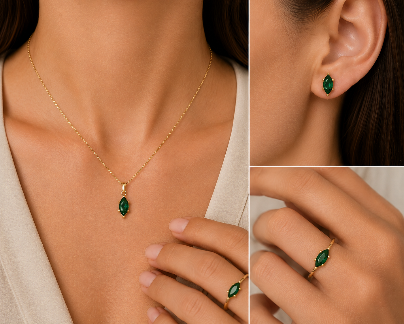 Damen Schmuckset mit grünen Zirkonia bestehend aus Kette Ring und Ohrsteckern